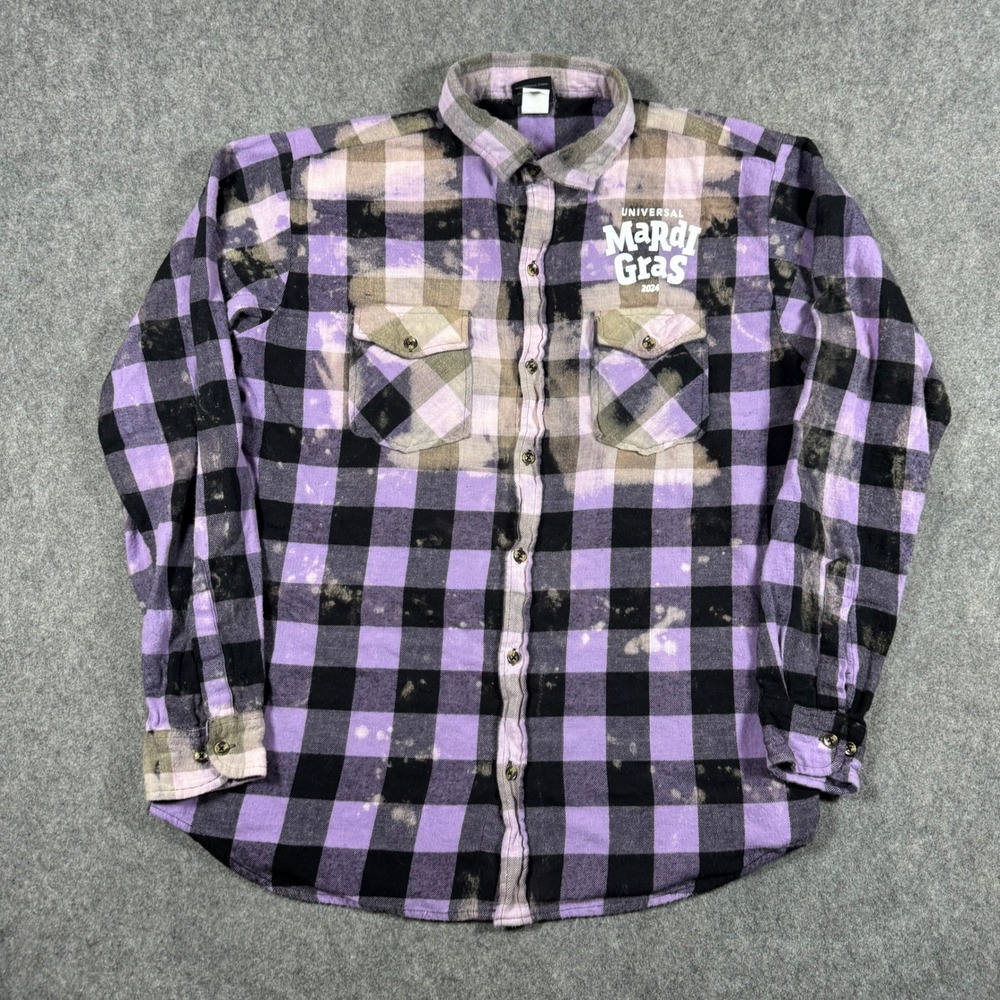 Universal Studios Mardi Gras 2024 Mens L Purple Bleached Plaid Alligator Shirt